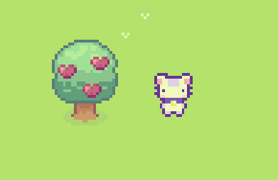 2D Cartoon cat standing next to a tree full of hearts and a green background.