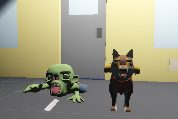 Cartoon dog with cartoon zombie in the background. Don't worry, the dog can't get hurt.